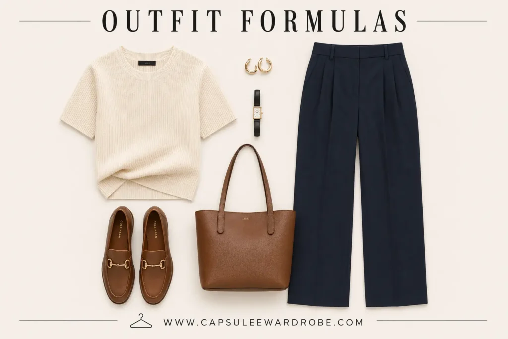 Smart casual capsule wardrobe outfit with a cream knit top, tailored navy trousers, and brown leather loafers.