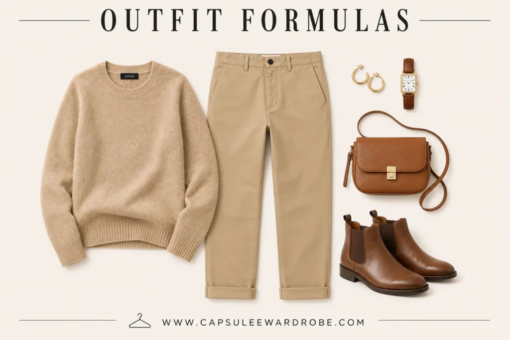 Neutral capsule wardrobe outfit with a beige sweater, camel chinos, and brown Chelsea boots for everyday wear.