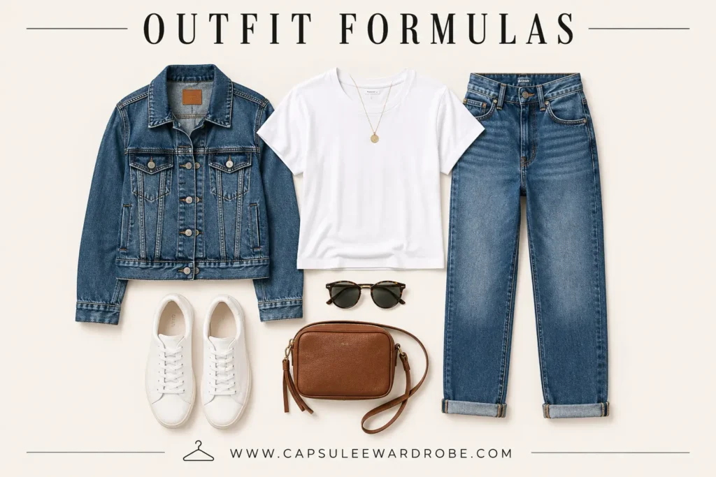 Casual capsule wardrobe outfit featuring a white tee, blue jeans, white sneakers, and a classic denim jacket.