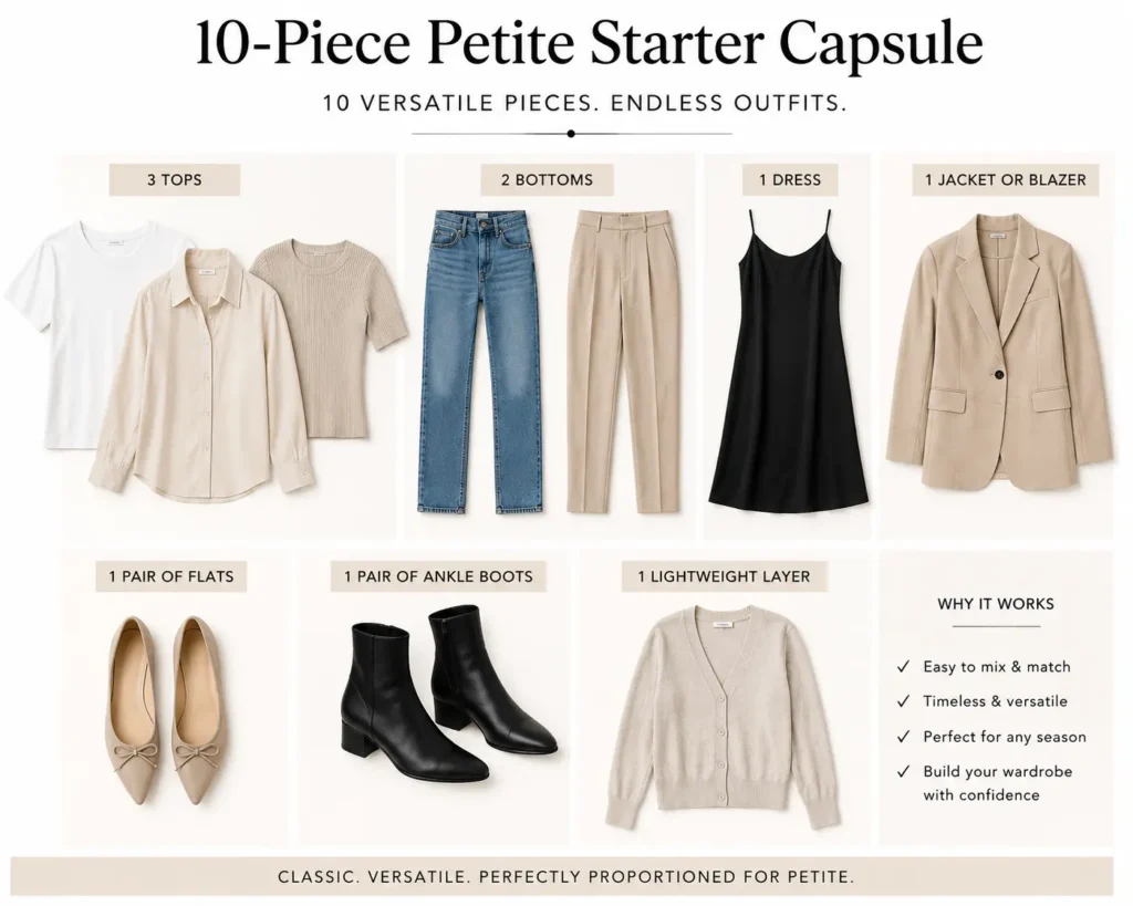 Flat lay of a 10-piece petite capsule wardrobe with essential tops, bottoms, dress, blazer, flats, ankle boots, and a lightweight layer