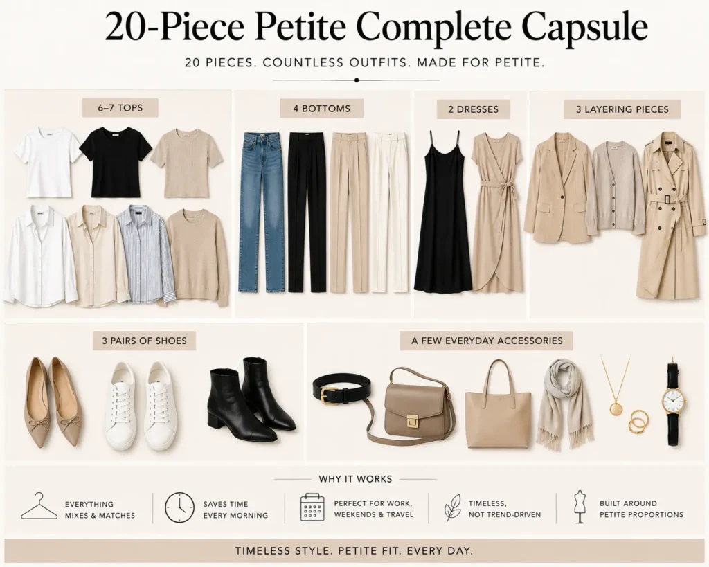 Complete 20-piece petite capsule wardrobe featuring versatile tops, bottoms, dresses, layering pieces, shoes, and everyday accessories