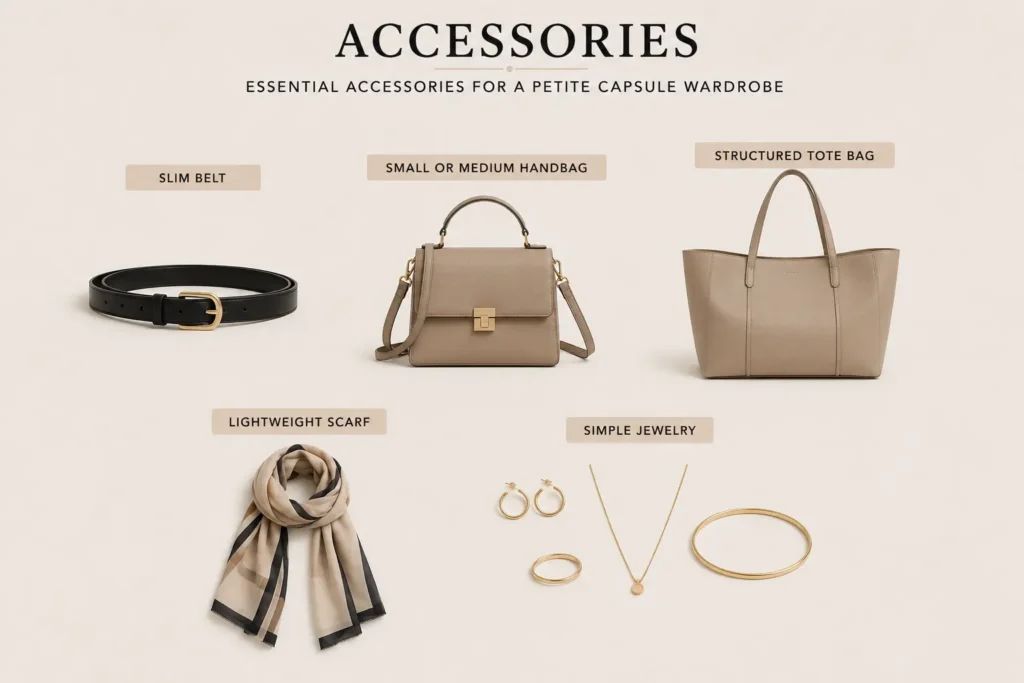 Petite capsule wardrobe accessories including a slim belt, handbag, tote bag, lightweight scarf, and simple jewelry