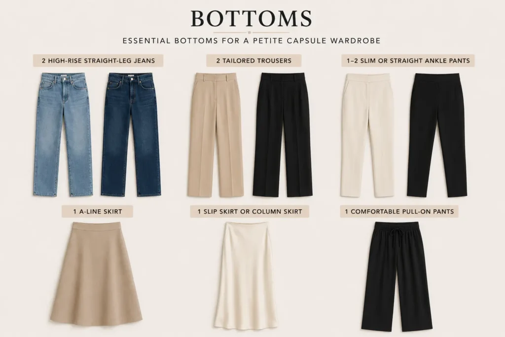 Essential bottoms for a petite capsule wardrobe including high-rise jeans, tailored trousers, ankle pants, skirts, and pull-on pants