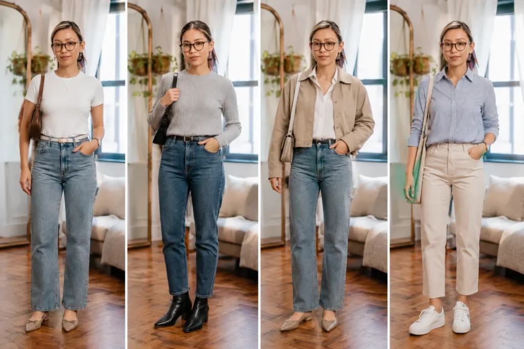 Petite capsule wardrobe casual outfit ideas featuring fitted tops, high-rise jeans, cropped jackets, ankle boots, and slim sneakers