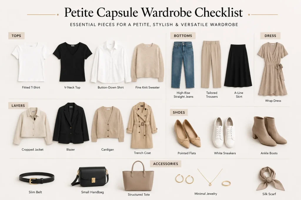 Flat lay of petite capsule wardrobe essentials including tops, bottoms, dresses, layers, shoes, and accessories