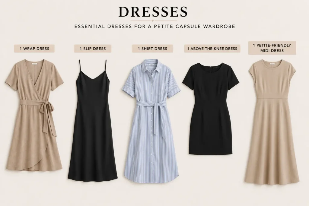 Petite capsule wardrobe dress essentials including a wrap dress, slip dress, shirt dress, above-the-knee dress, and petite-friendly midi dress