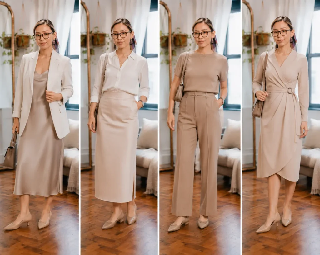 Dressy petite capsule wardrobe outfit ideas with slip dresses, wrap dresses, blazers, skirts, and elegant neutral accessories