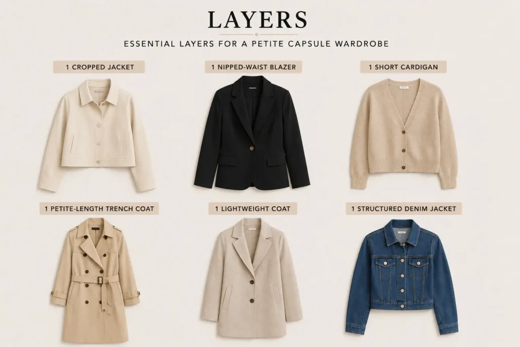 Petite capsule wardrobe layering essentials including a cropped jacket, blazer, cardigan, trench coat, lightweight coat, and denim jacket