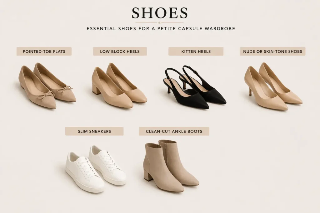 Essential shoes for a petite capsule wardrobe including pointed flats, block heels, kitten heels, nude shoes, sneakers, and ankle boots