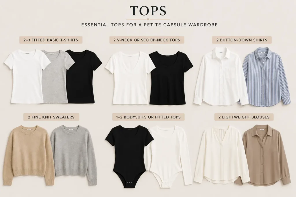 Essential tops for a petite capsule wardrobe including fitted T-shirts, V-neck tops, button-down shirts, knit sweaters, bodysuits, and lightweight blouses