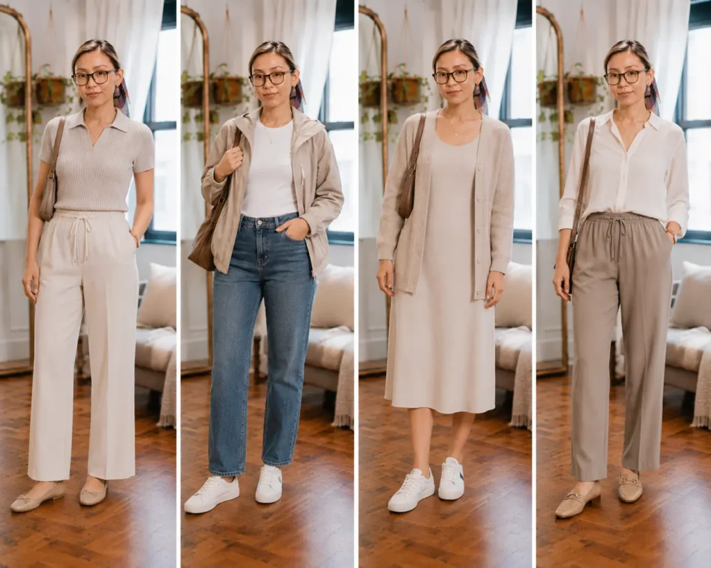 Travel outfit ideas for a petite capsule wardrobe featuring comfortable trousers, jeans, cardigans, lightweight jackets, sneakers, flats, and loafers