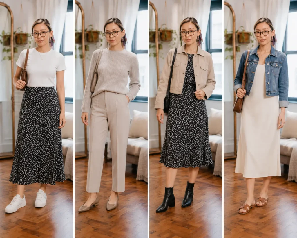Weekend outfit ideas for a petite capsule wardrobe featuring skirts, sweaters, dresses, denim jackets, sneakers, and ankle boots