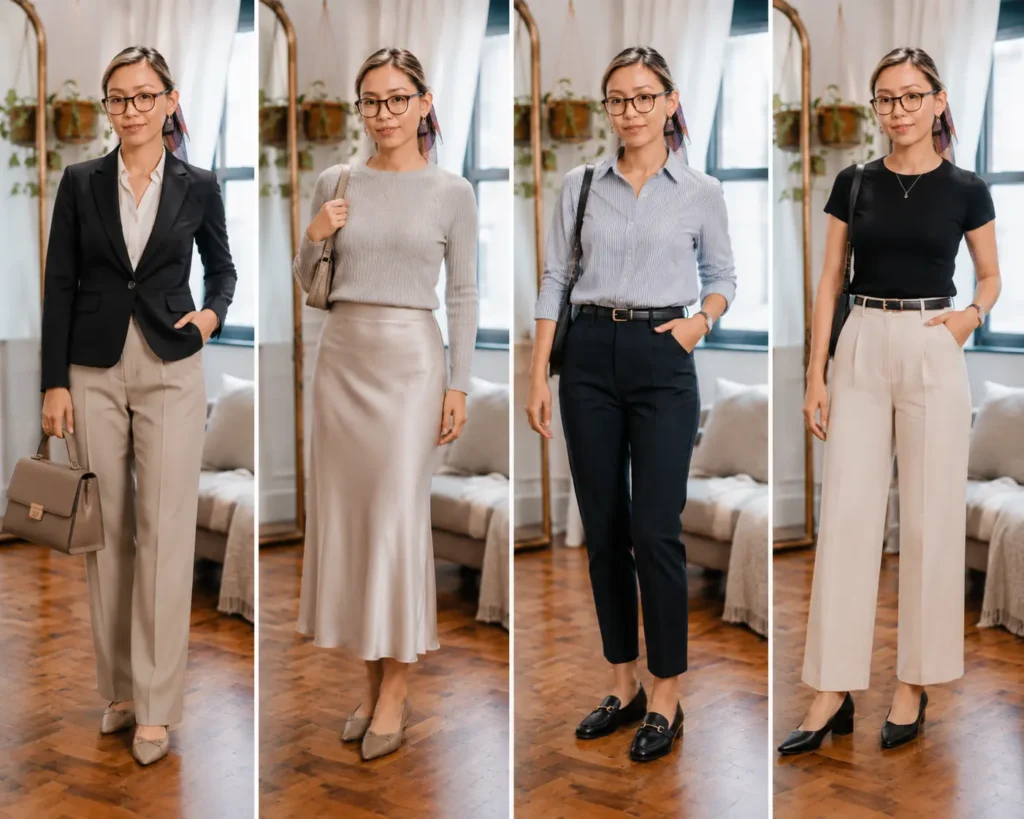 Petite work capsule wardrobe outfit ideas with tailored trousers, blazers, blouses, knit sweaters, loafers, and low heels