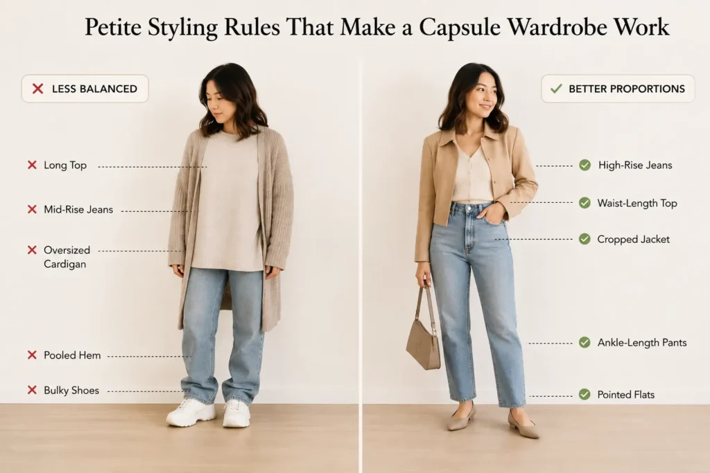 Comparison of less balanced and better proportion outfits for a petite capsule wardrobe