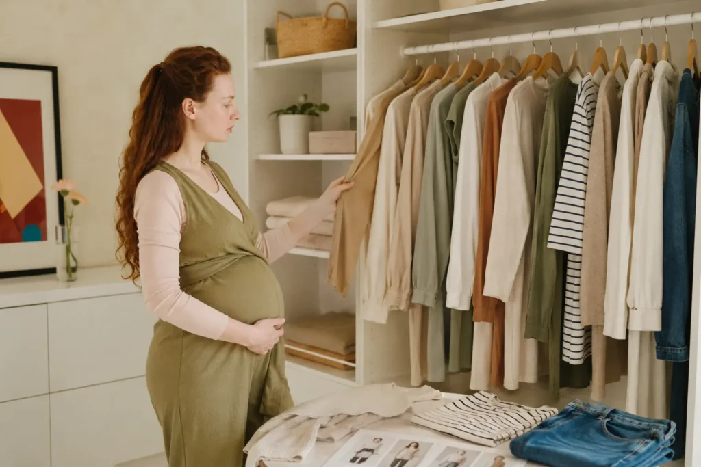 Pregnant woman planning maternity outfits