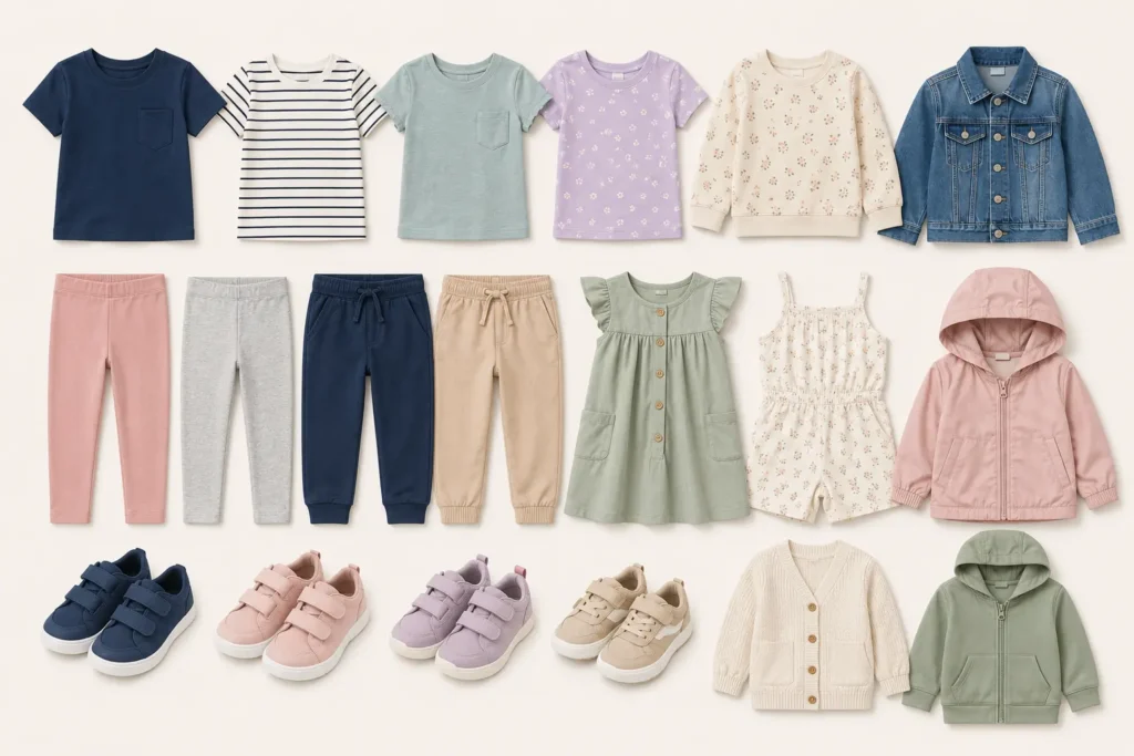 Flat lay of preschool kids capsule wardrobe essentials for ages 3–5, including comfortable tops, stretchy bottoms, dresses, rompers, sneakers, and seasonal layering pieces on a neutral background.