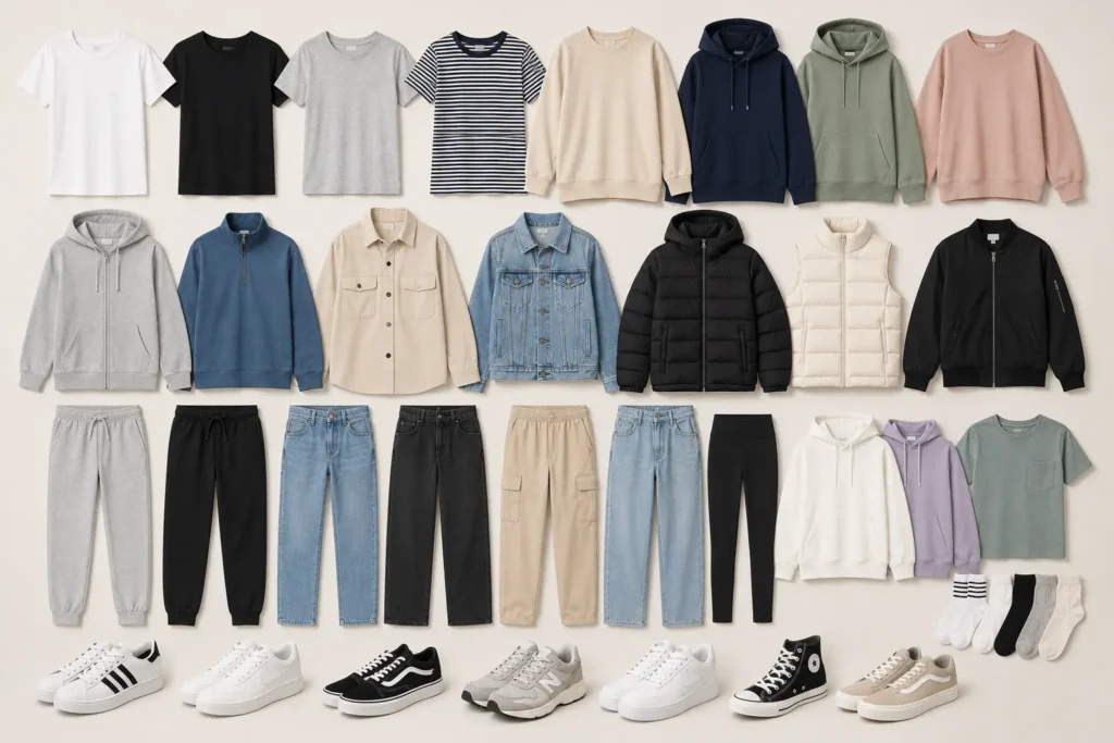 Flat lay of preteen capsule wardrobe essentials for ages 11–13, including quality basics, comfortable layers, neutral clothing, accent color pieces, versatile jackets, and everyday sneakers.