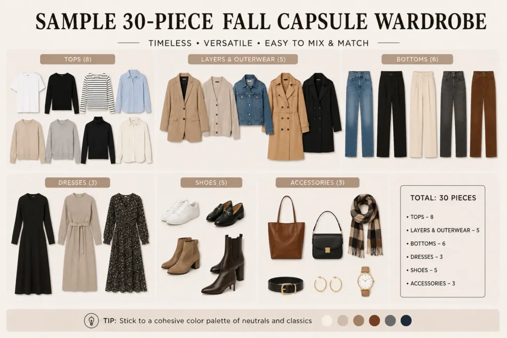 Sample 30-piece fall capsule wardrobe featuring tops, outerwear, bottoms, dresses, shoes, and accessories