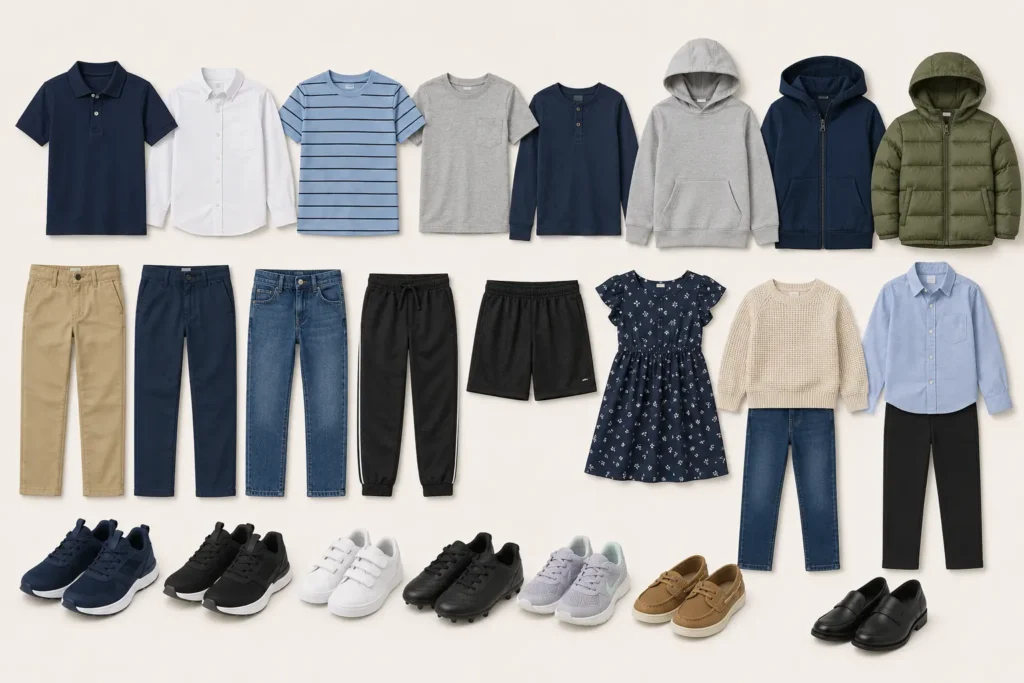 Flat lay of school-age kids capsule wardrobe essentials for ages 6–10, featuring school outfits, play clothes, a dressy outfit, seasonal outerwear, and comfortable everyday shoes.