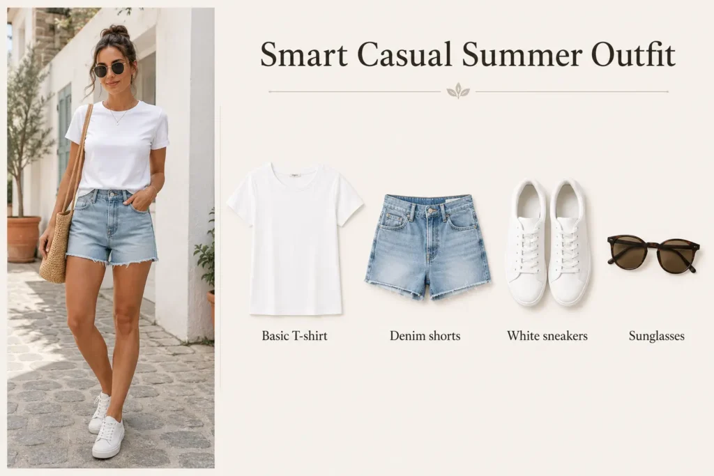 Smart casual summer outfit with T-shirt, denim shorts, sneakers, and sunglasses for summer capsule wardrobe