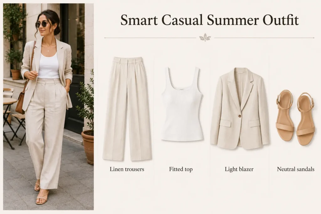 Smart casual summer outfit with linen trousers, fitted top, blazer, and sandals for summer capsule wardrobe