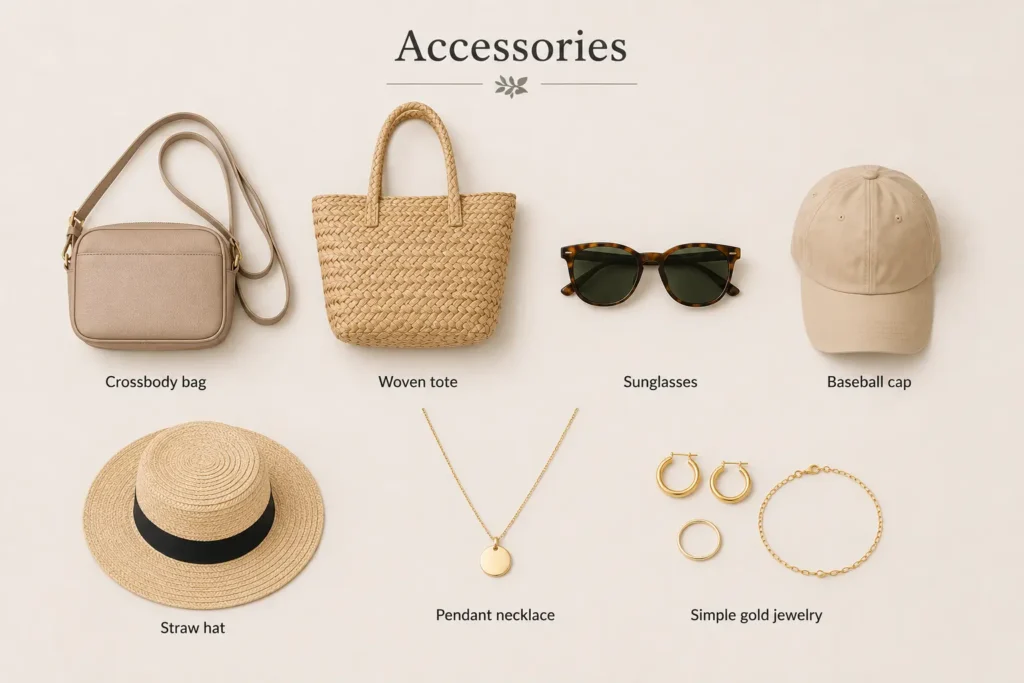 Spring accessories including crossbody bag, woven tote, sunglasses, hat, and jewelry