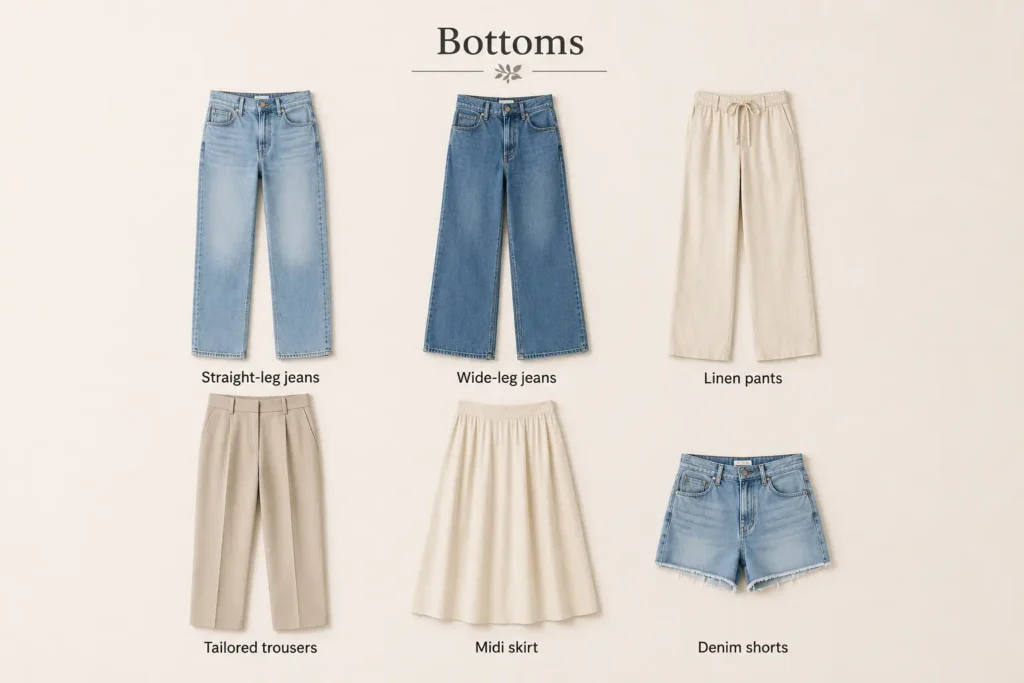 Spring wardrobe bottoms including jeans, linen pants, trousers, midi skirt, and denim shorts