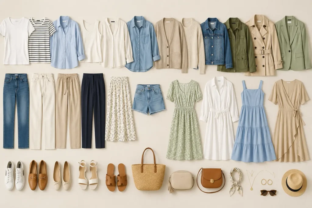 Spring capsule wardrobe essentials with tops, bottoms, layers, dresses, shoes, and accessories