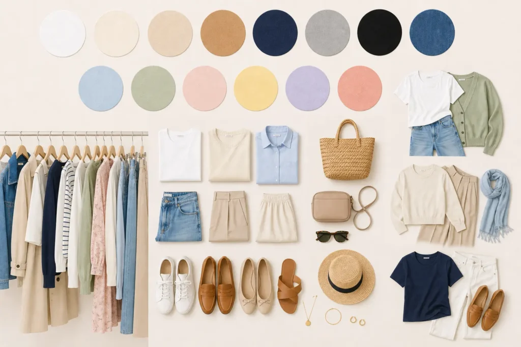 Spring capsule wardrobe color palette featuring neutral basics and soft seasonal accent colors.