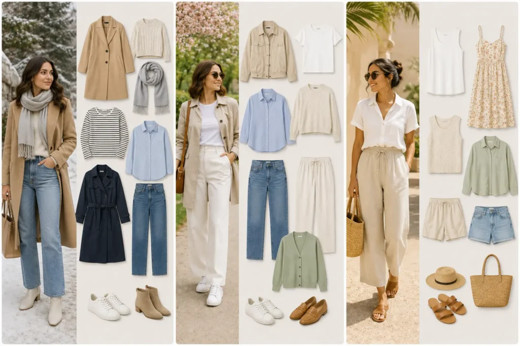 Spring capsule wardrobe ideas for cool, mild, and warm weather conditions