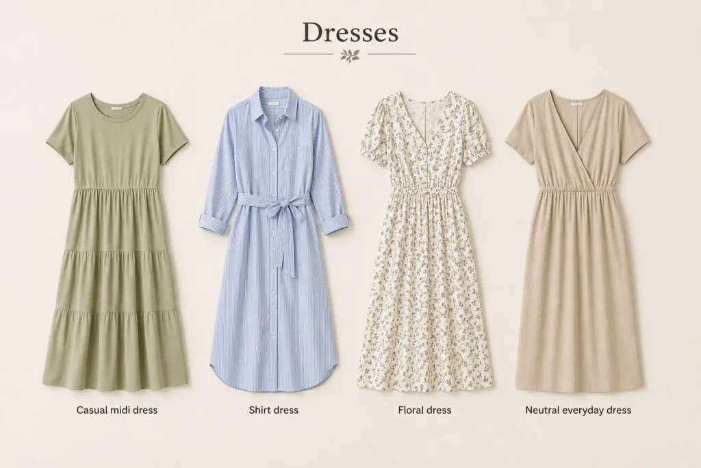 Spring dresses including casual midi dress, shirt dress, floral dress, and everyday dress