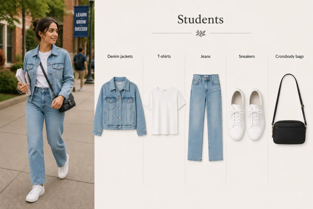 Student spring wardrobe with denim jacket, t-shirt, jeans, sneakers, and crossbody bag