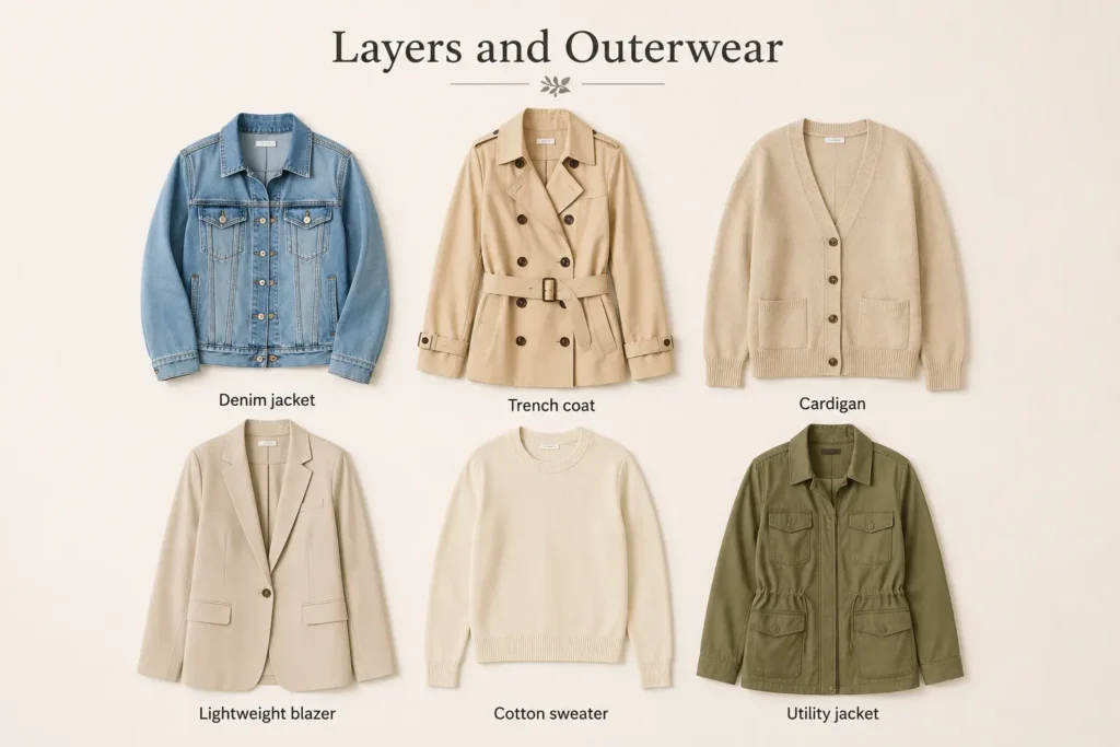Spring layers and outerwear including denim jacket, trench coat, cardigan, and blazer