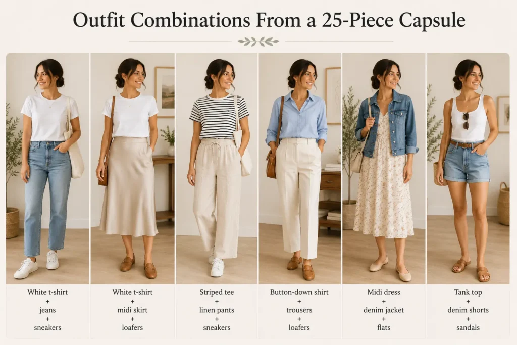 Spring capsule wardrobe outfit combinations created from versatile wardrobe essentials