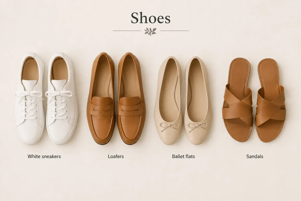 Spring capsule wardrobe shoes including white sneakers, loafers, ballet flats, and sandals