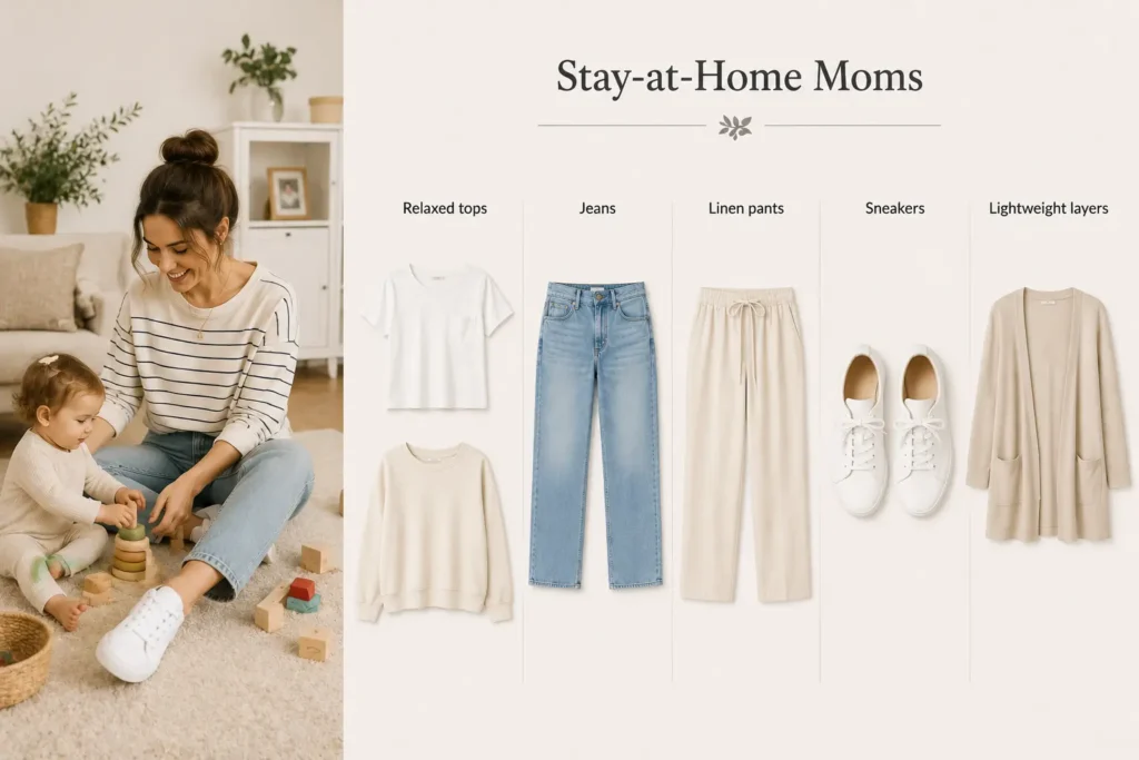 Comfortable spring outfits for stay-at-home moms with jeans, sneakers, and lightweight layers