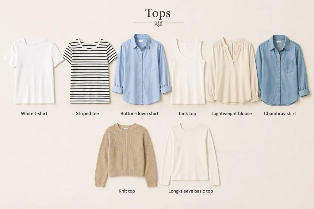 Spring wardrobe tops including white t-shirt, striped tee, button-down shirt, and tank top