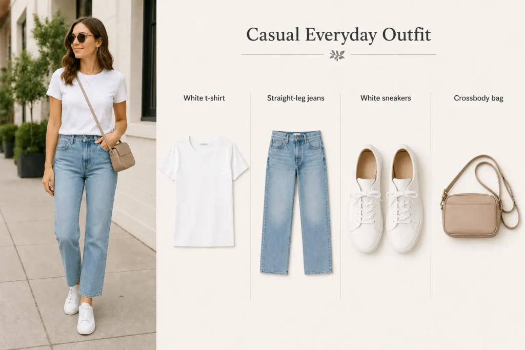 Casual spring outfit with white t-shirt, jeans, sneakers, and crossbody bag