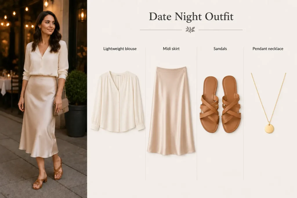 Spring date night outfit with blouse, midi skirt, sandals, and pendant necklace