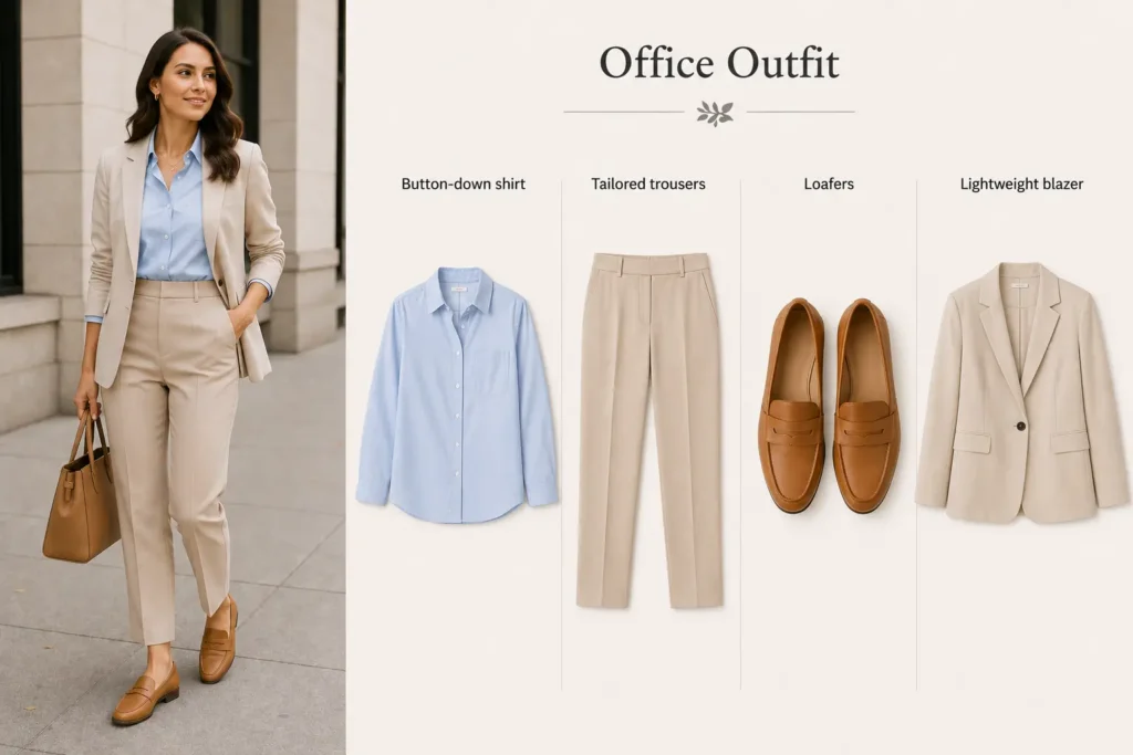 Spring office outfit featuring button-down shirt, tailored trousers, loafers, and blazer