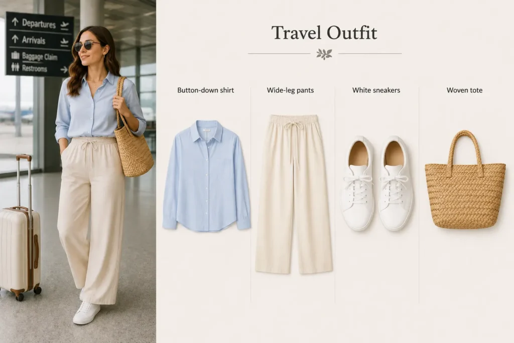 Spring travel outfit with button-down shirt, wide-leg pants, sneakers, and woven tote