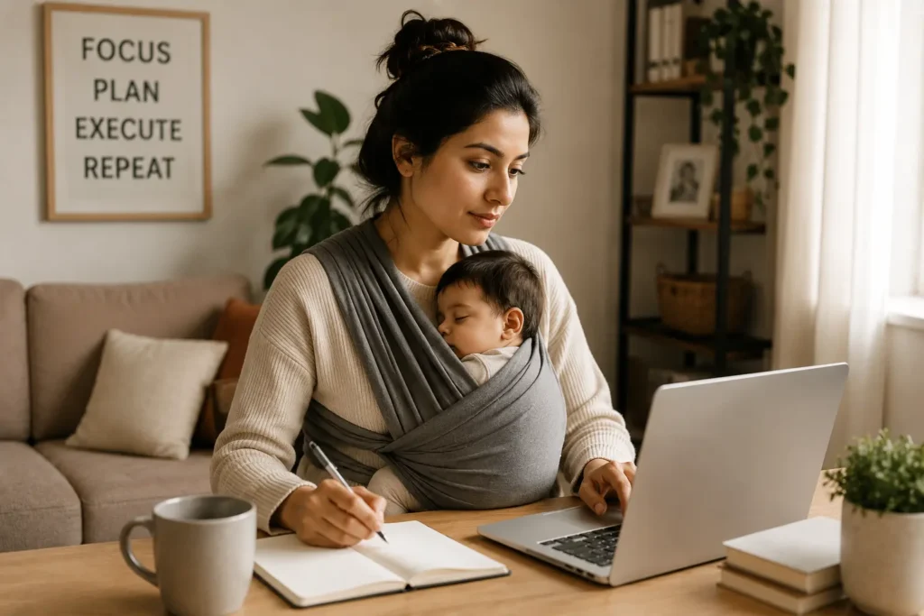 Stay-at-home mom working on a laptop while her baby sleeps in a baby sling at home