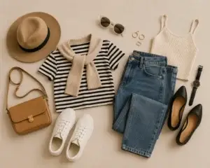 Classic capsule wardrobe outfit with jeans, neutral top, shoes, and accessories