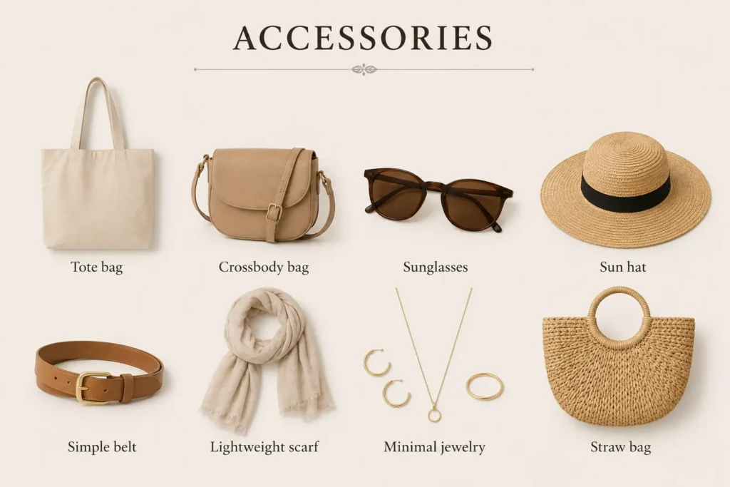 Summer capsule wardrobe accessories including bags, sunglasses, hat, scarf, belt, and jewelry.