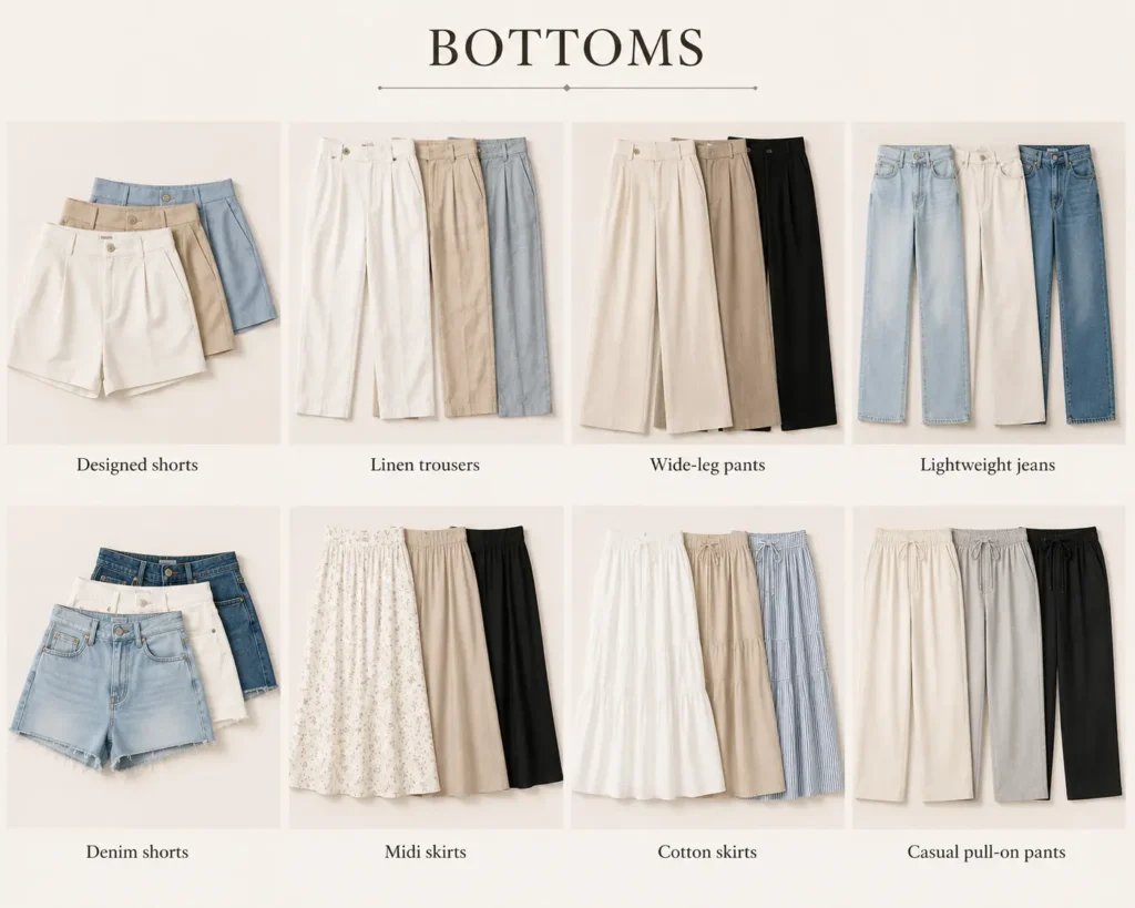 Summer capsule wardrobe bottoms including shorts, trousers, jeans, skirts, and pull-on pants.