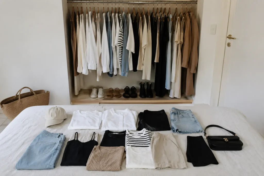 Minimalist summer capsule wardrobe with neutral clothing neatly organized in an open closet and matching wardrobe essentials displayed on a bed.