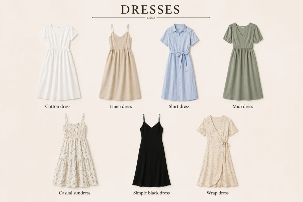 Summer capsule wardrobe dresses including cotton, linen, midi, wrap, and sundresses.