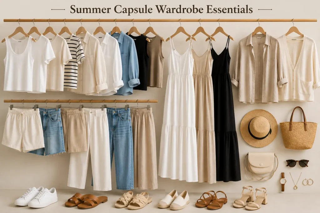 Summer capsule wardrobe essentials with neutral clothing and accessories
