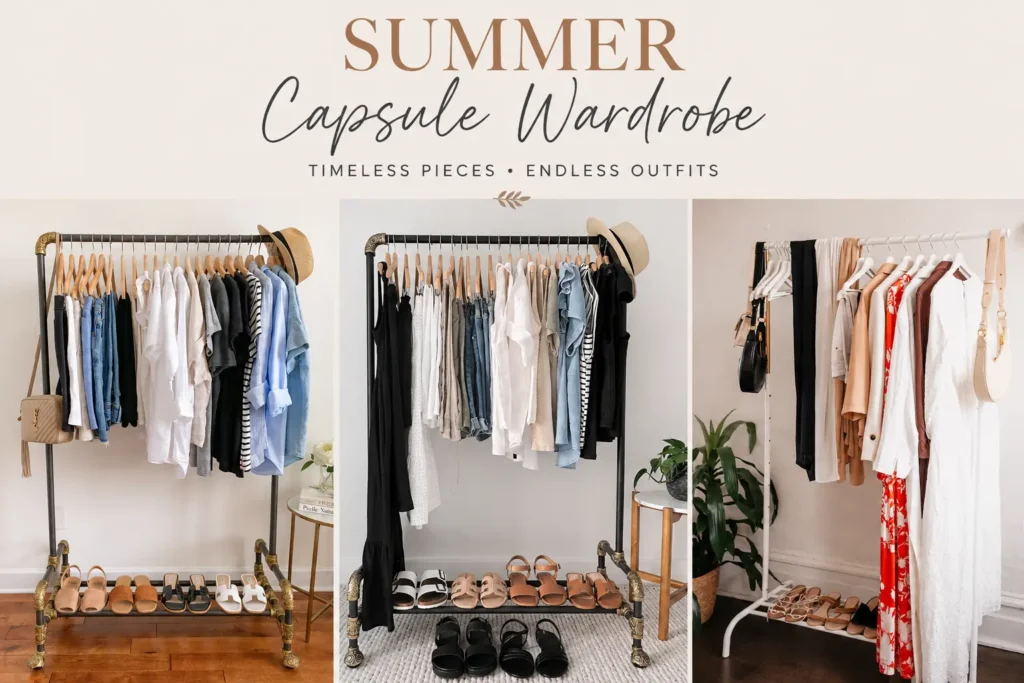 Summer capsule wardrobe with versatile clothing, shoes, and accessories.
