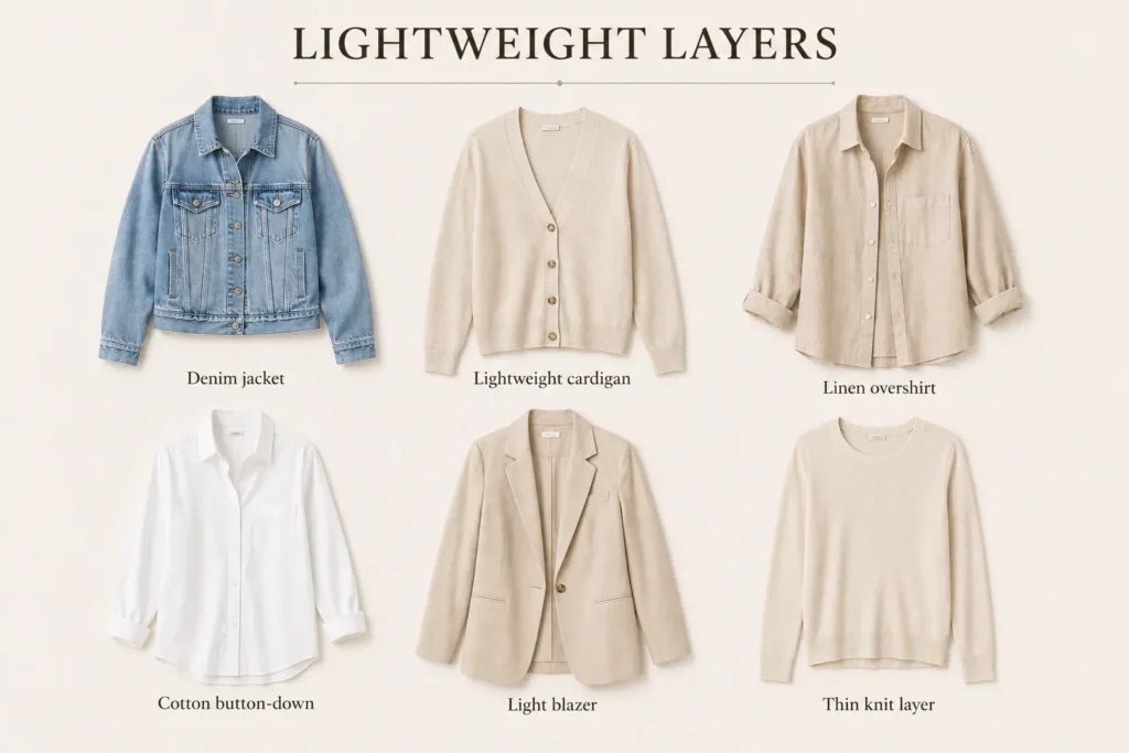 Lightweight layers including denim jacket, cardigan, overshirt, blazer, and knit layer.